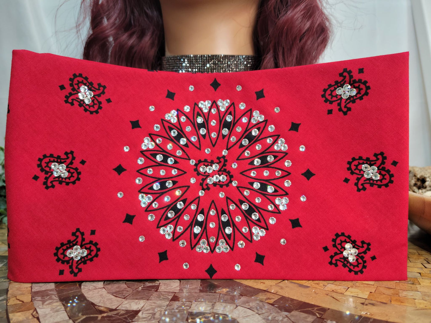 Wide Red and Black Paisley Bandana with Diamond Clear Austrian Crystals (Sku9724)