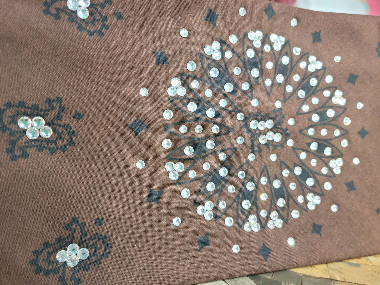 Wide Brown and Black Paisley Bandana with Diamond Clear Austrian Crystals (Sku9725)