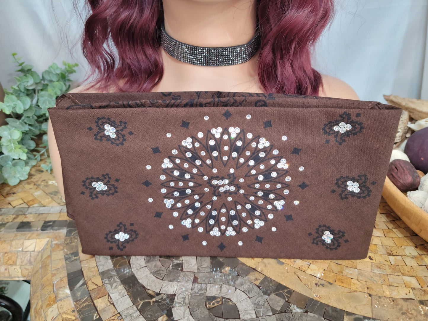 Wide Brown and Black Paisley Bandana with Diamond Clear Austrian Crystals (Sku9725)