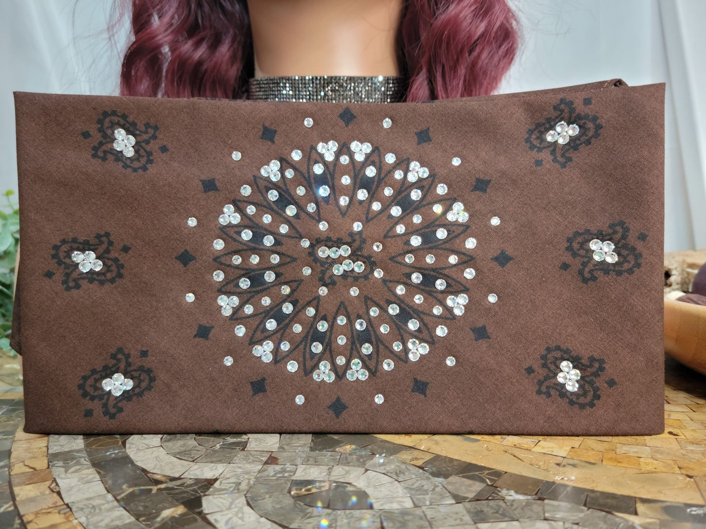 Wide Brown and Black Paisley Bandana with Diamond Clear Austrian Crystals (Sku9725)