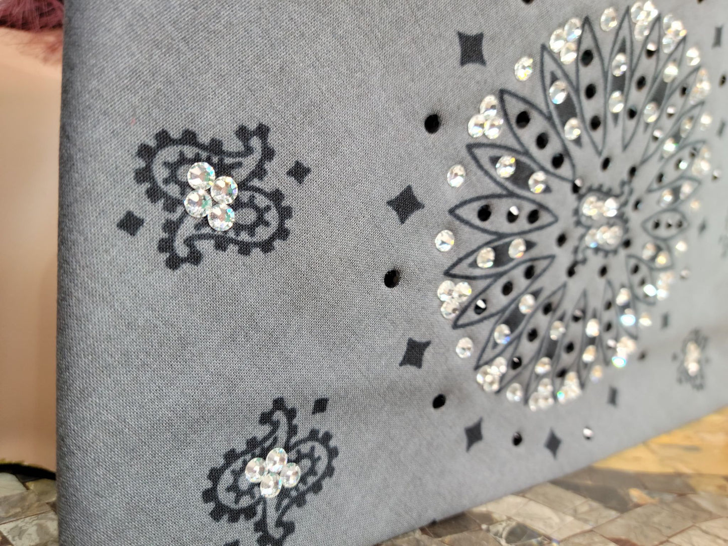 Wide Grey and Black Paisley Bandana with Diamond Clear Austrian Crystals (Sku9726)