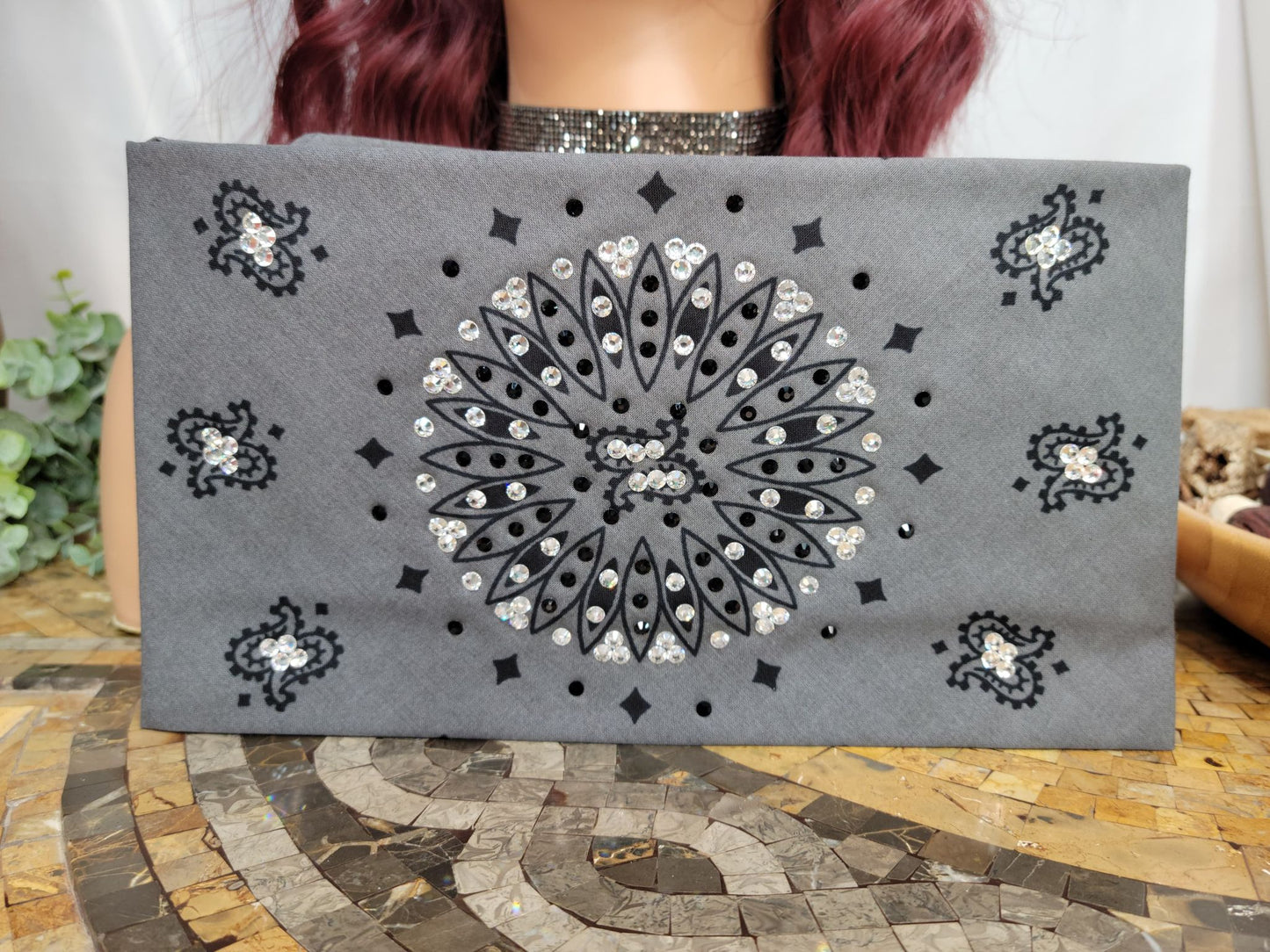 Wide Grey and Black Paisley Bandana with Diamond Clear Austrian Crystals (Sku9726)