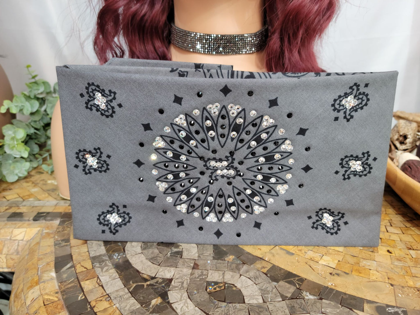 Wide Grey and Black Paisley Bandana with Diamond Clear Austrian Crystals (Sku9726)