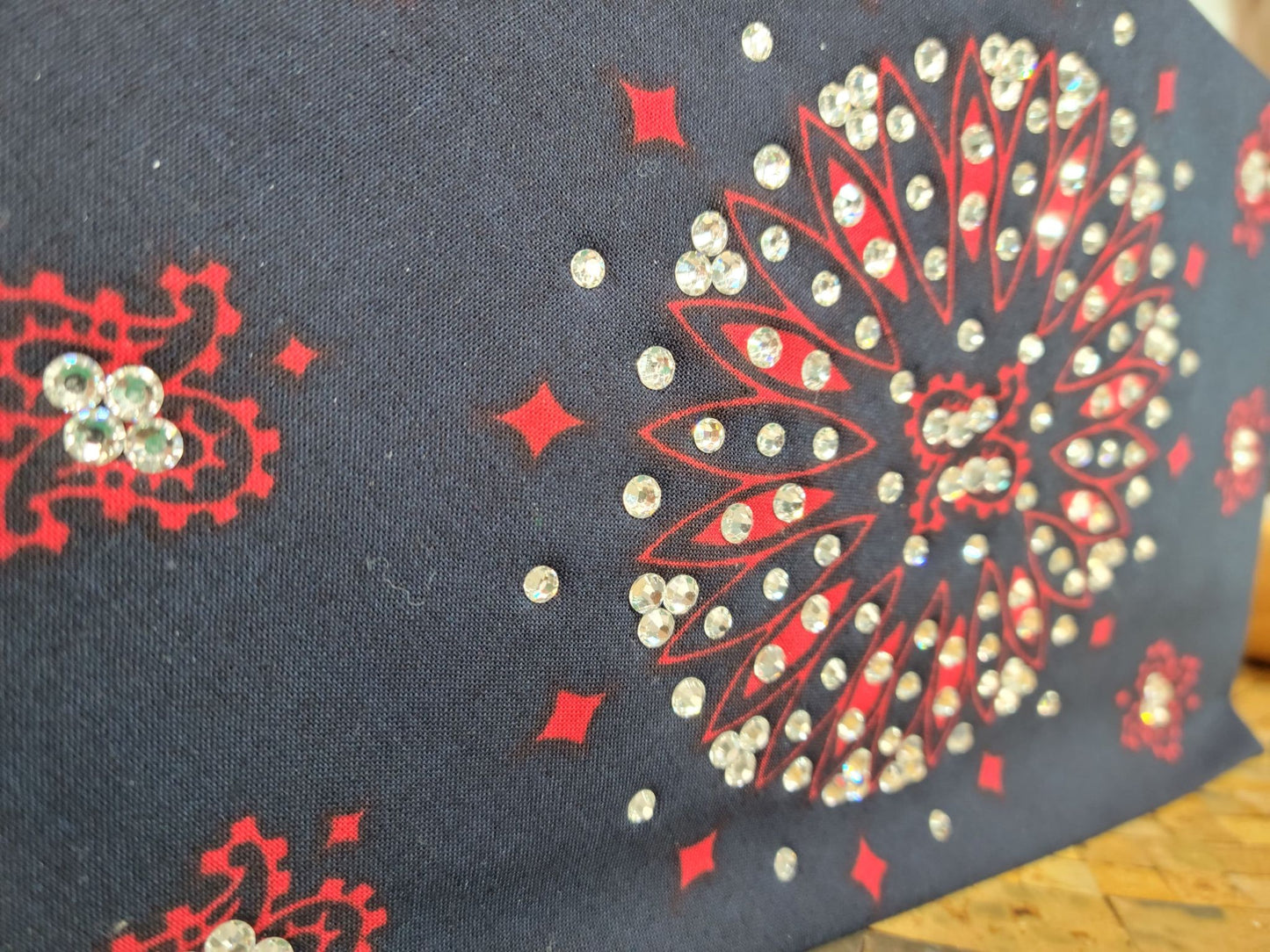 Wide Navy Blue and Red Paisley with Diamond Clear Austrian Crystals (Sku9727)