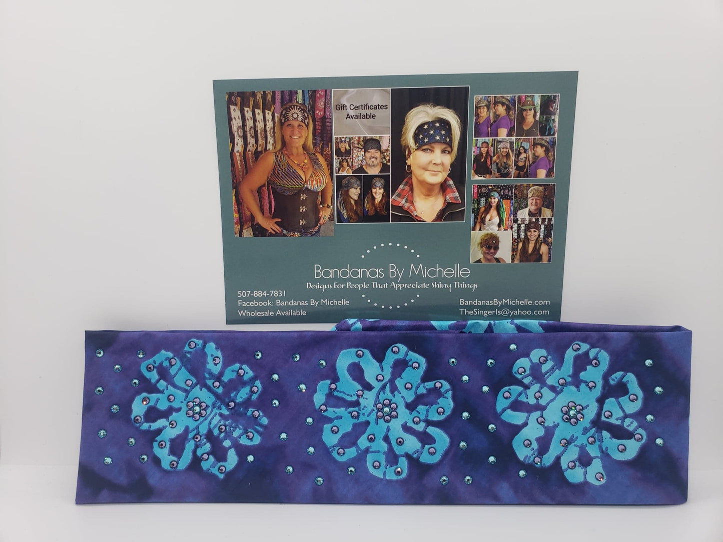 Purple and Turquoise Batik Bandana with Purple and Turquoise Austrian Crystals (Sku9931)