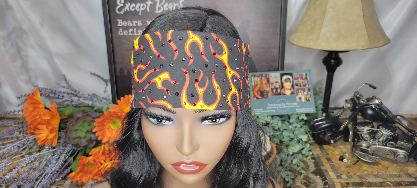 Red and Yellow Flames Bandana with Yellow, Red and Black Austrian Crystals (Sku9971)