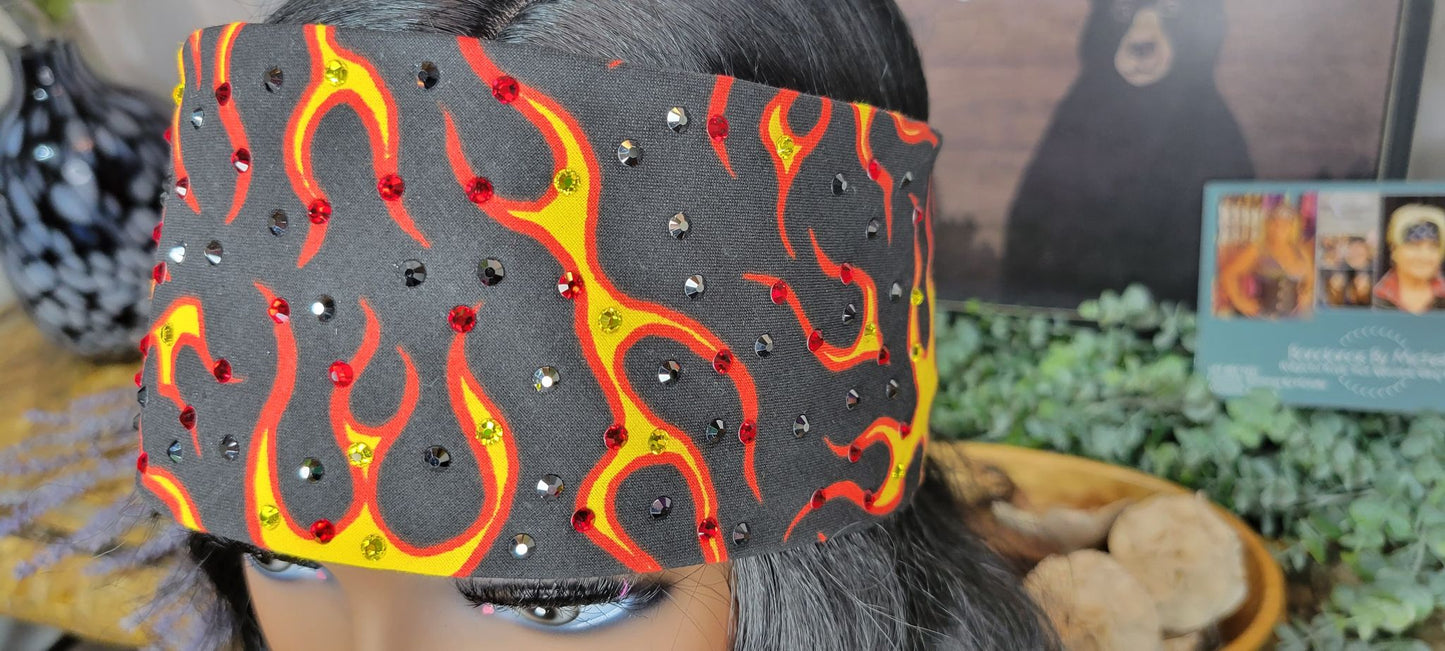 Red and Yellow Flames Bandana with Yellow, Red and Black Austrian Crystals (Sku9971)