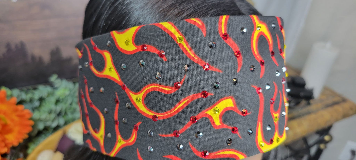 Red and Yellow Flames Bandana with Yellow, Red and Black Austrian Crystals (Sku9971)