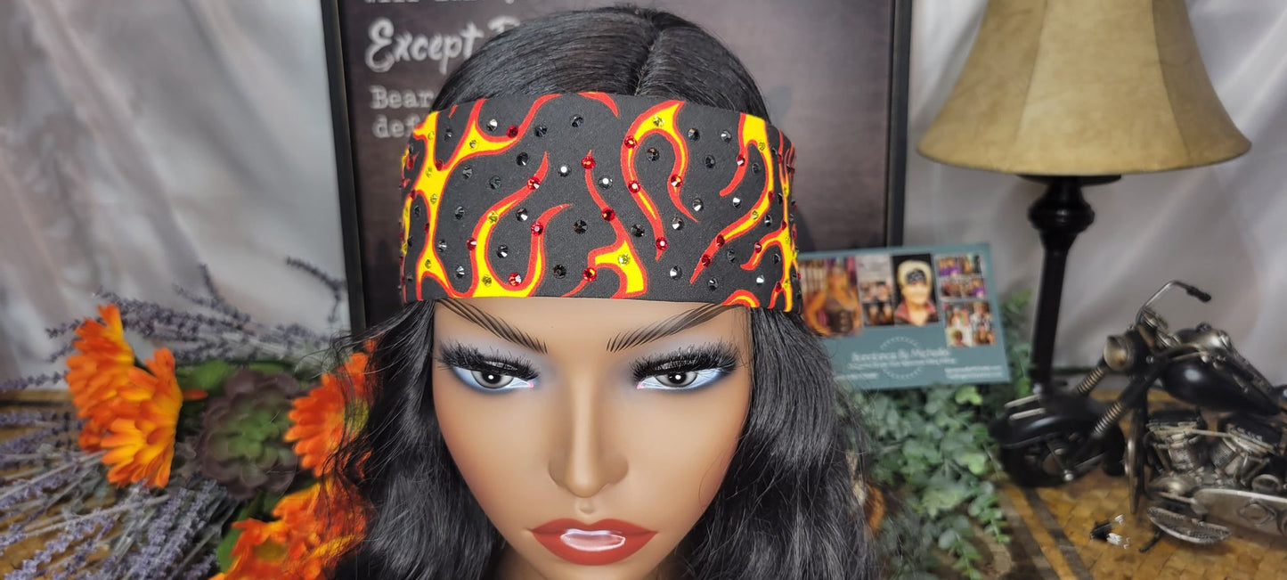 Narrow Red and Yellow Flames Bandana with Yellow, Red and Black Austrian Crystals (Sku9972)