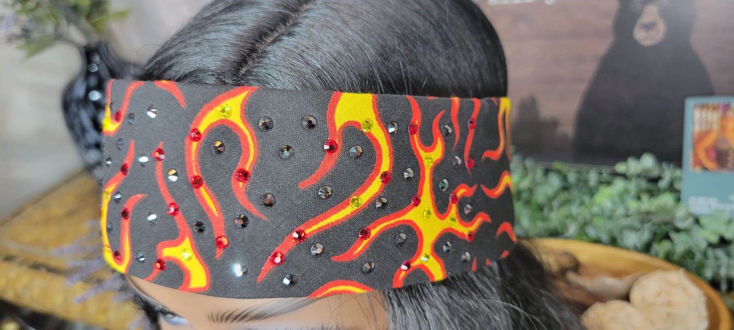 Narrow Red and Yellow Flames Bandana with Yellow, Red and Black Austrian Crystals (Sku9972)