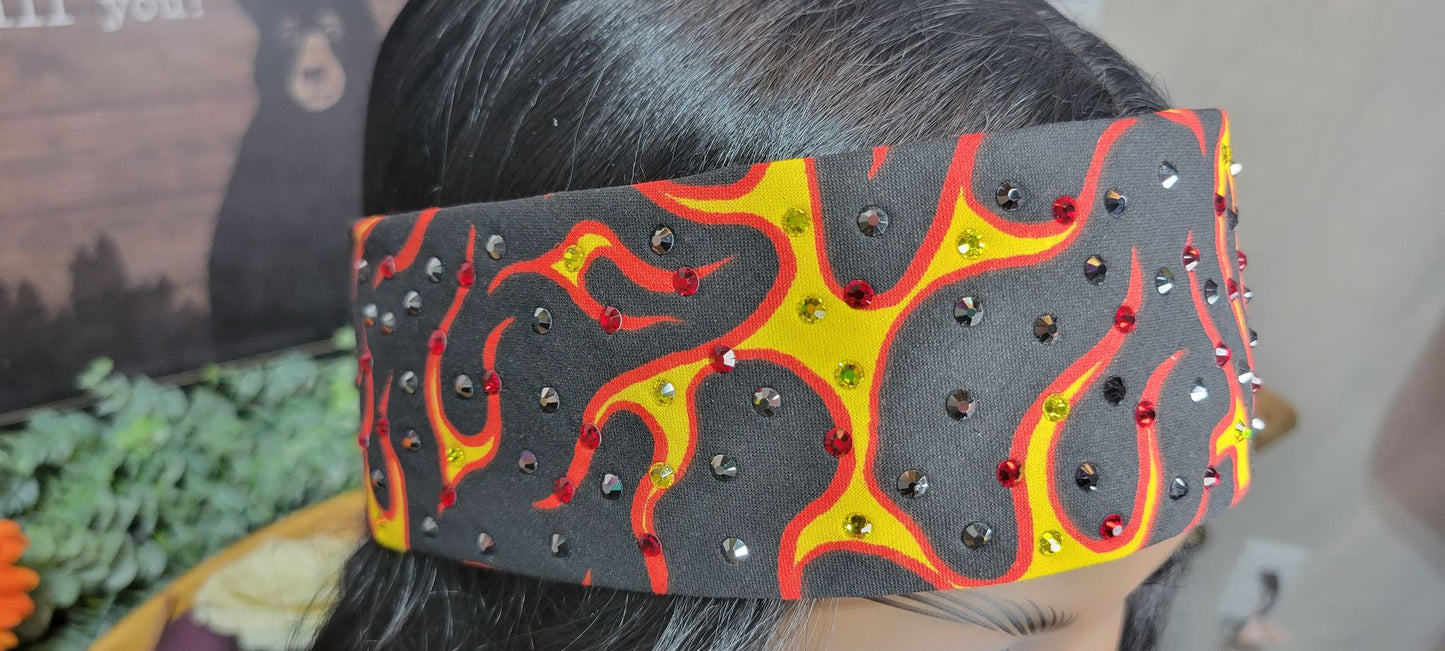 Narrow Red and Yellow Flames Bandana with Yellow, Red and Black Austrian Crystals (Sku9972)
