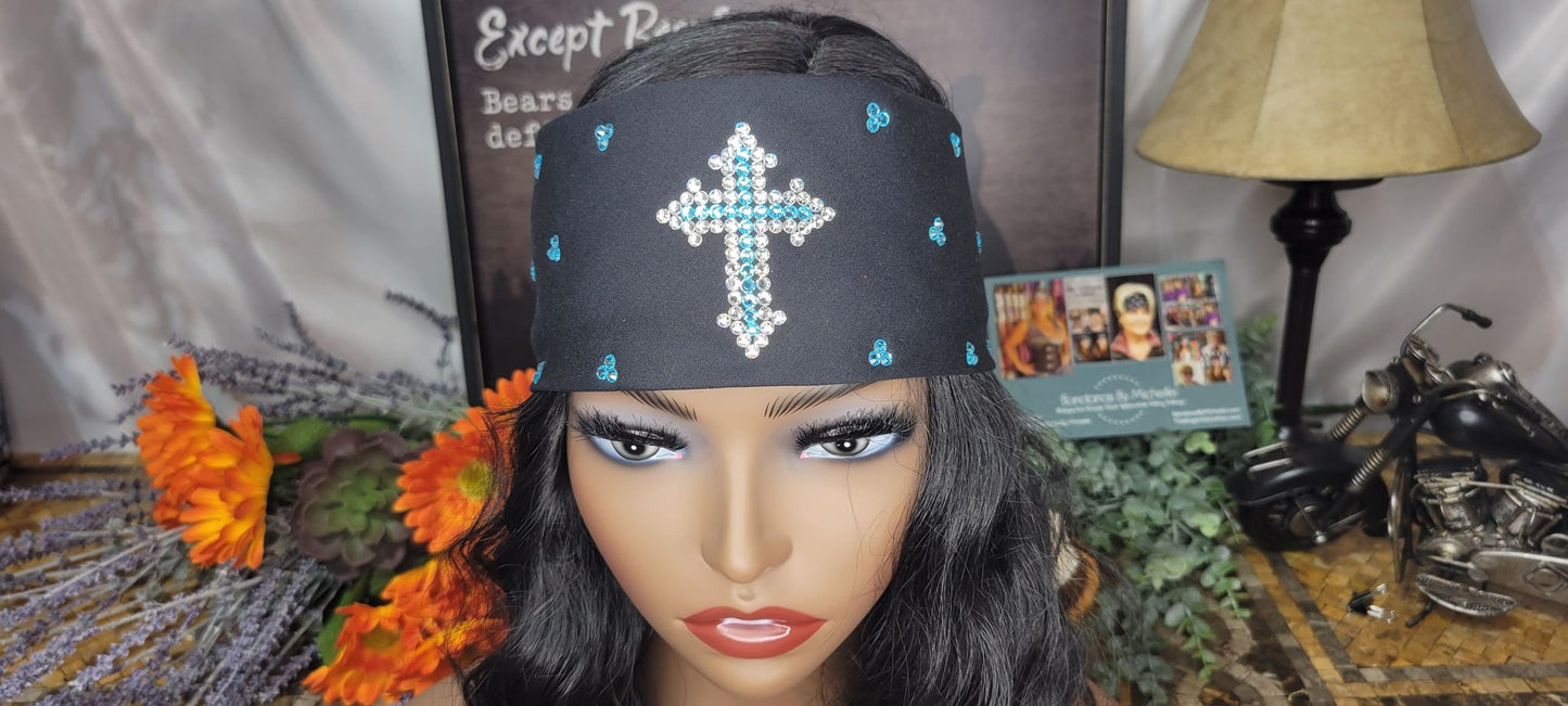 Turquoise and Clear Cross with Turquoise Bandana and Diamond Clear Austrian Crystals (Sku9973)