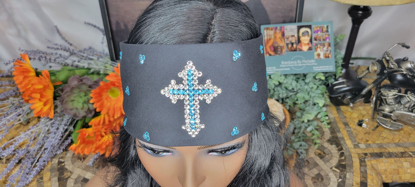 Turquoise and Clear Cross with Turquoise Bandana and Diamond Clear Austrian Crystals (Sku9973)