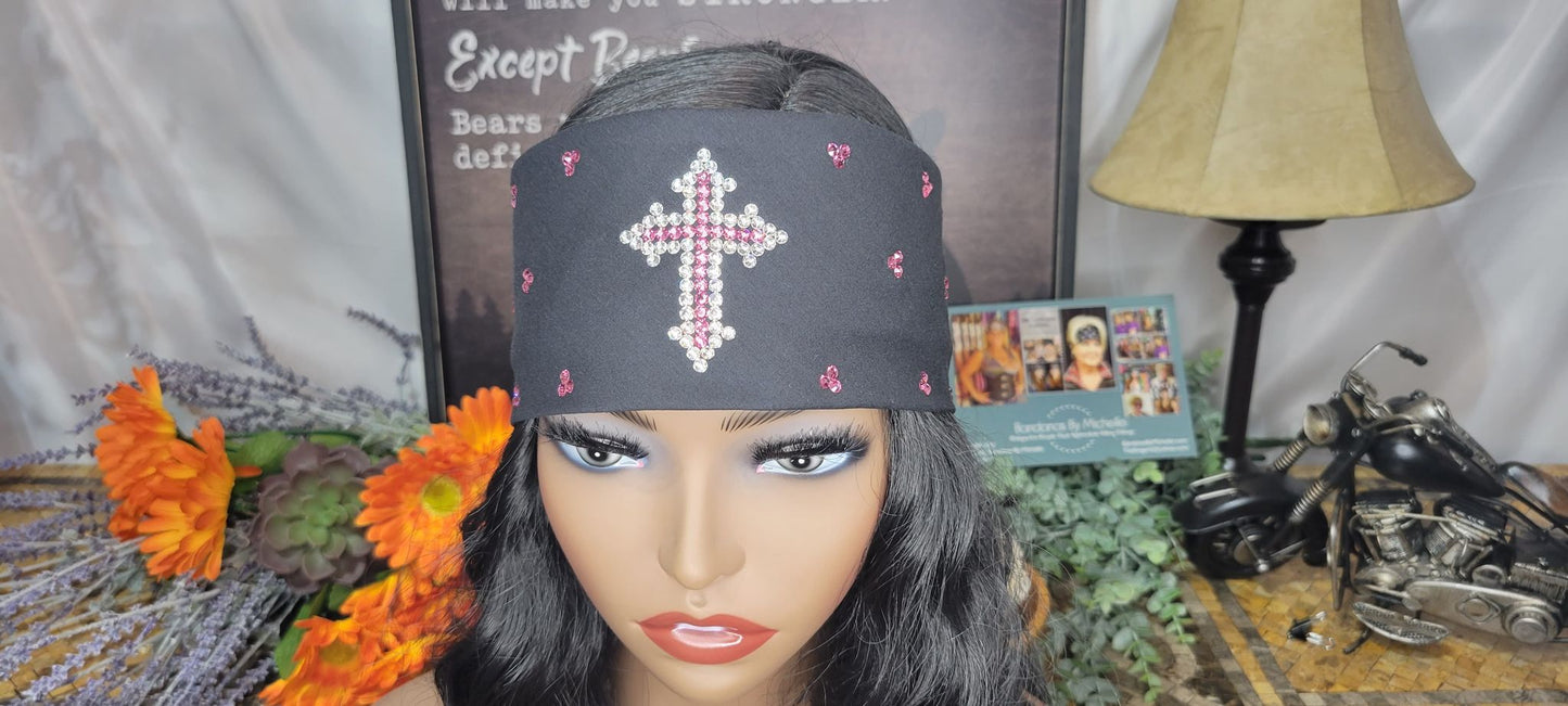 Pink and Clear Cross Bandana with Pink and Diamond Clear Austrian Crystals (Sku9975)