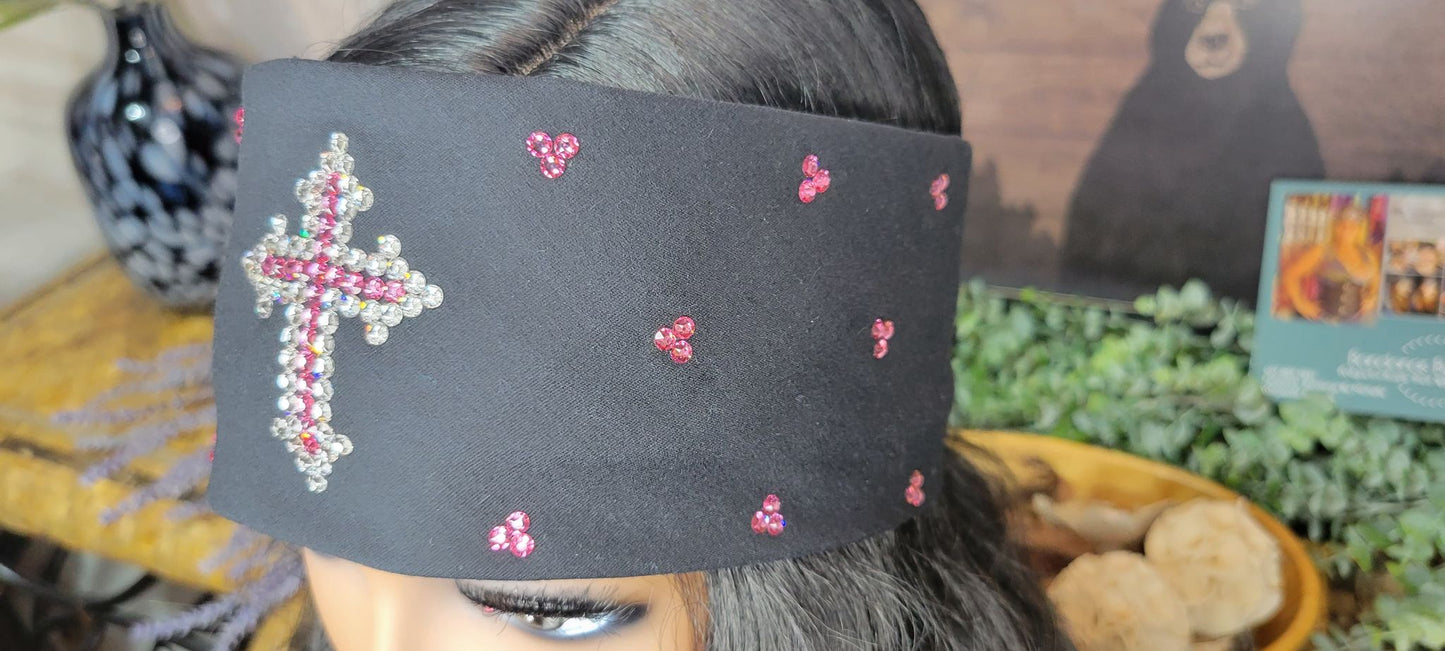 Pink and Clear Cross Bandana with Pink and Diamond Clear Austrian Crystals (Sku9975)