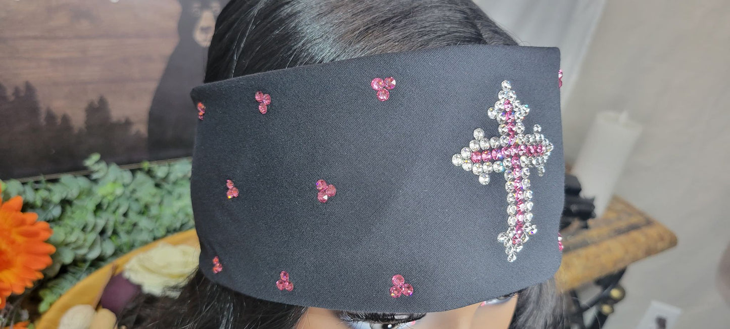 Pink and Clear Cross Bandana with Pink and Diamond Clear Austrian Crystals (Sku9975)