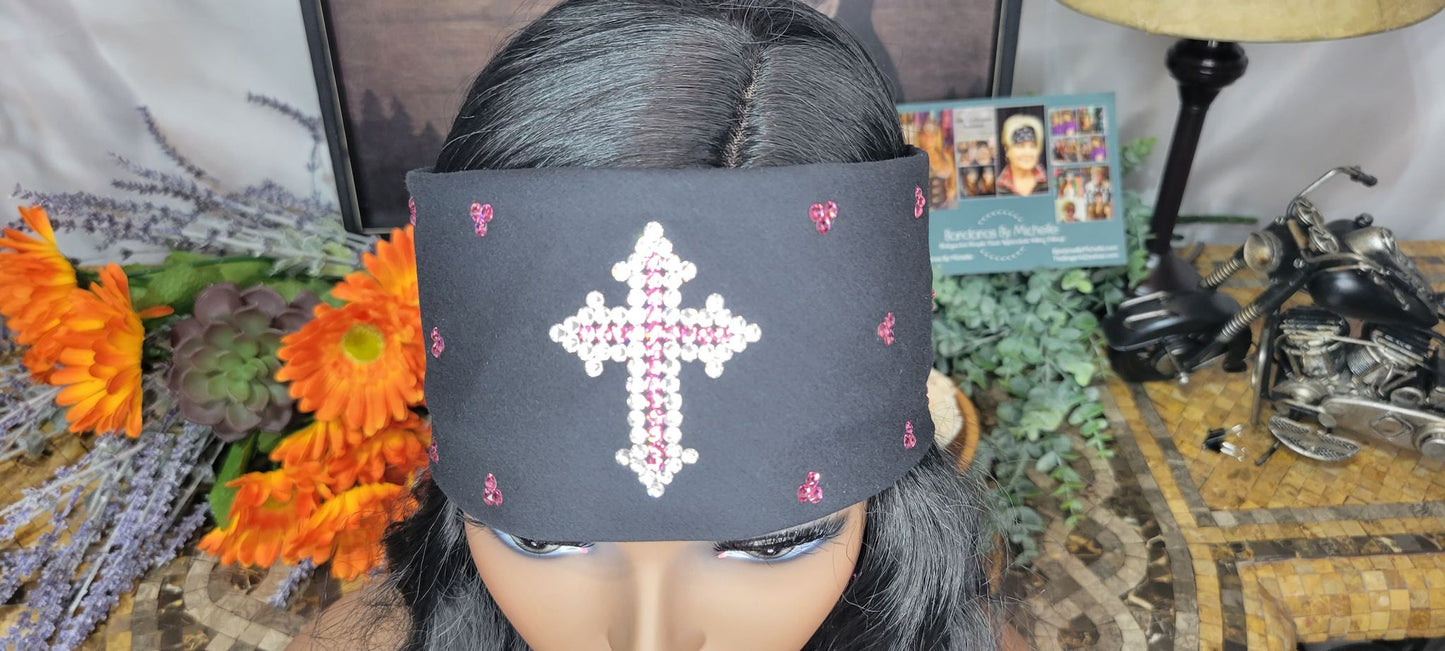Pink and Clear Cross Bandana with Pink and Diamond Clear Austrian Crystals (Sku9975)