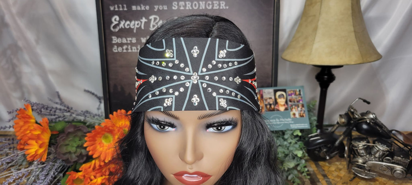 Red and Grey Pinstripes Bandana with Diamond Clear Austrian Crystals (Sku9977)