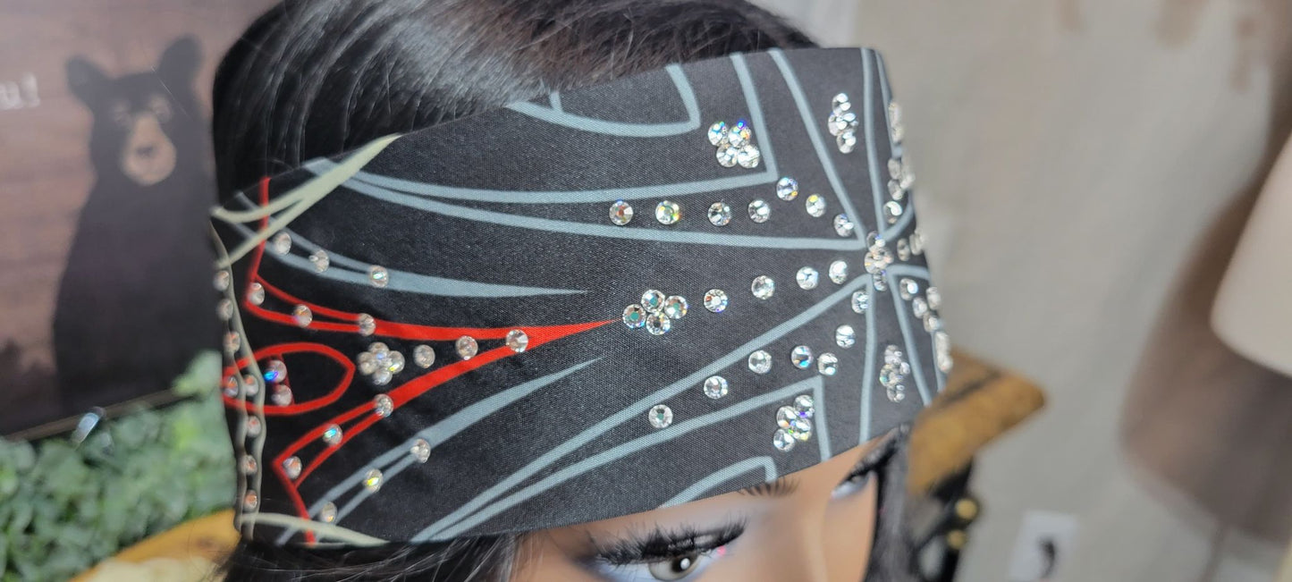 Red and Grey Pinstripes Bandana with Diamond Clear Austrian Crystals (Sku9977)