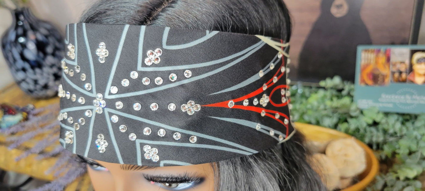 Red and Grey Pinstripes Bandana with Diamond Clear Austrian Crystals (Sku9977)