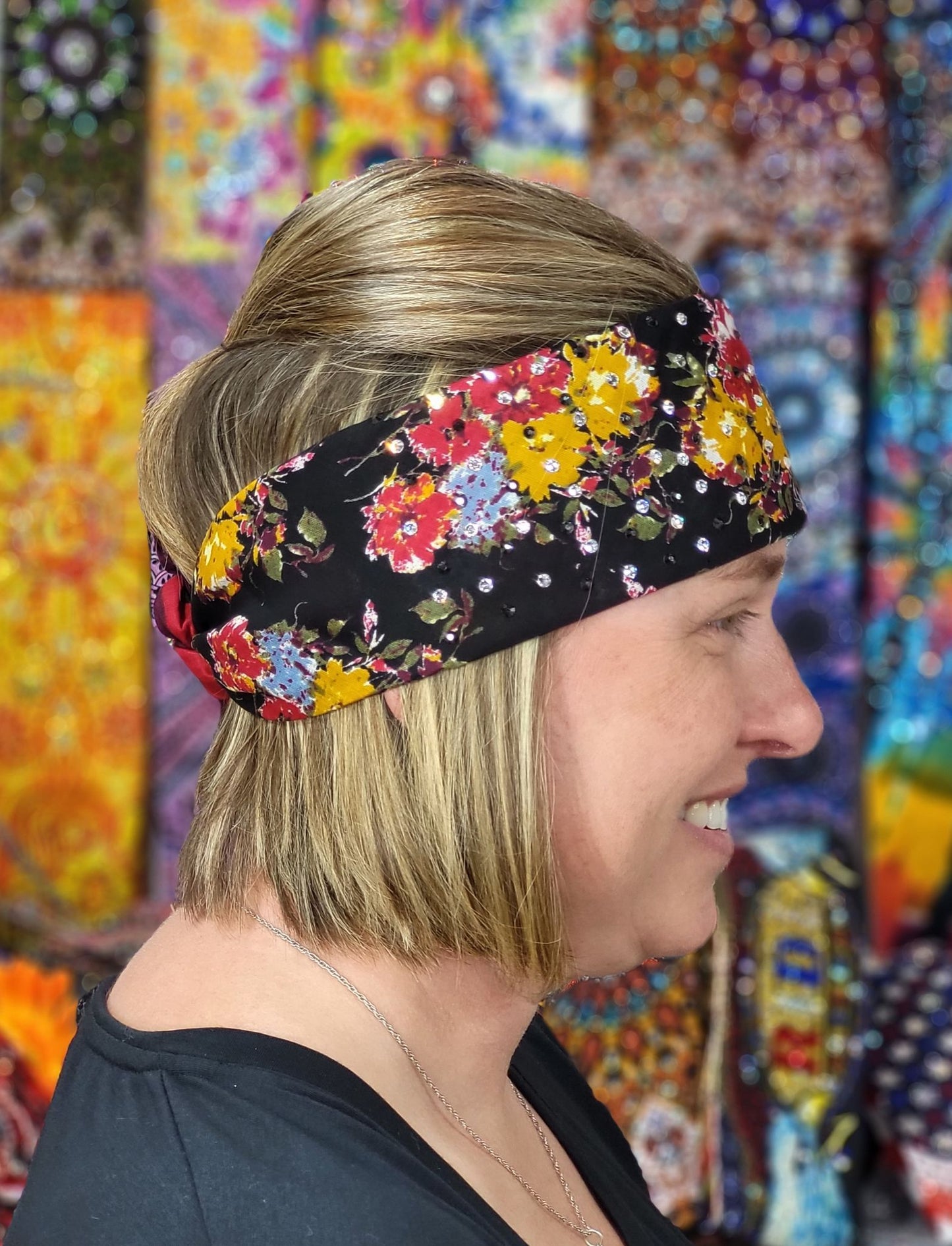 Red and Yellow Flowers Bandana with Black and Diamond Clear Austrian Crystals (Sku9978)