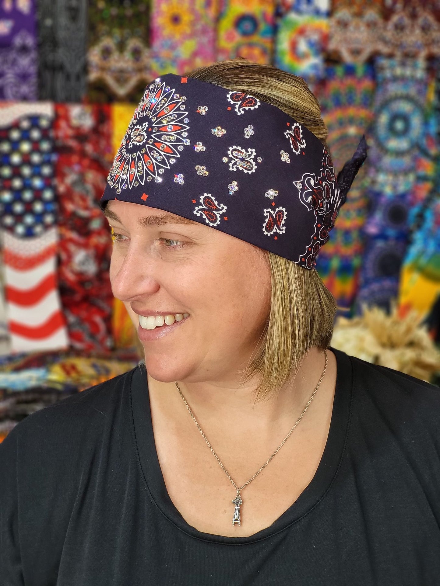 Wide Blue and Red Paisley Bandana with Diamond Clear Austrian Crystals (Sku9981)