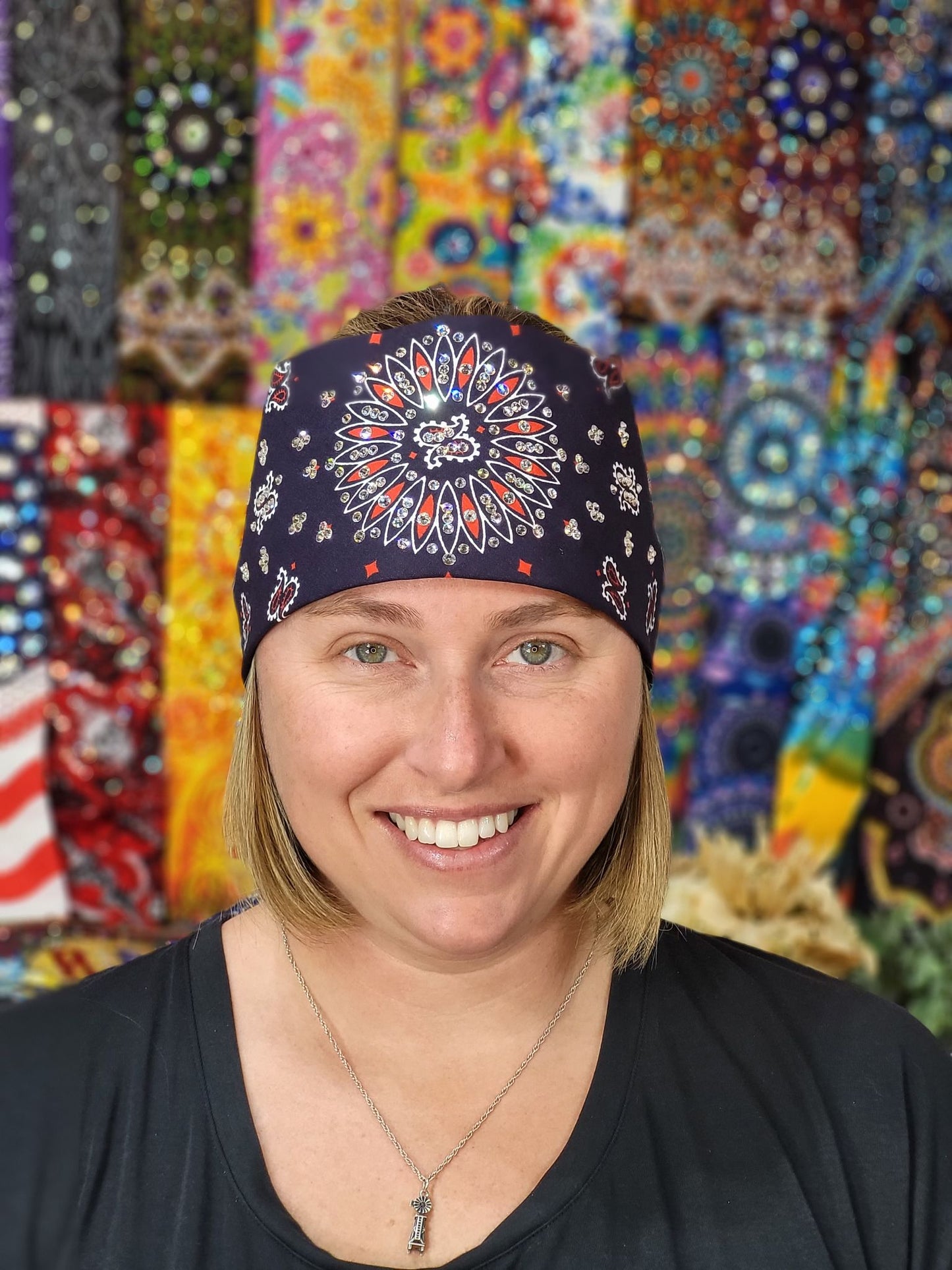 Wide Blue and Red Paisley Bandana with Diamond Clear Austrian Crystals (Sku9981)