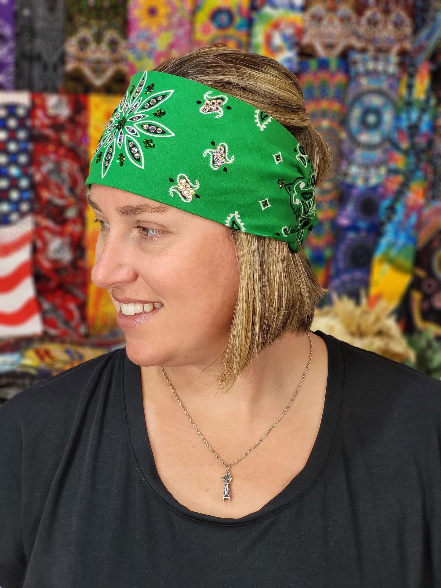 Green Large Flower Paisley Bandana with Dark Green and Diamond Clear Austrian Crystals (Sku9986)