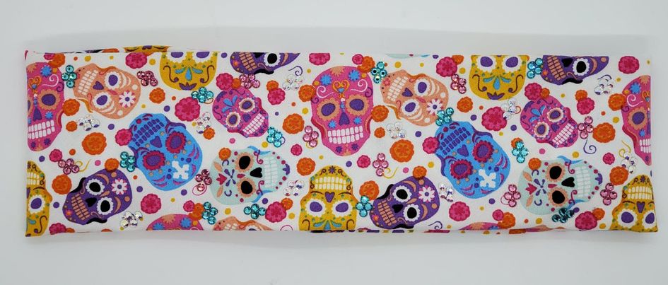 Pastel Sugar Skulls Bandana with Turquoise, Pink and Aurora Borealis Austrian Crystals (Sku9993)
