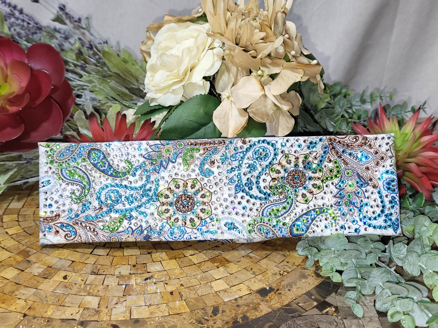Super LeeAnnette Brown Bandana with Baby Blue and Light Green Floral Paisley Design (sku4265)