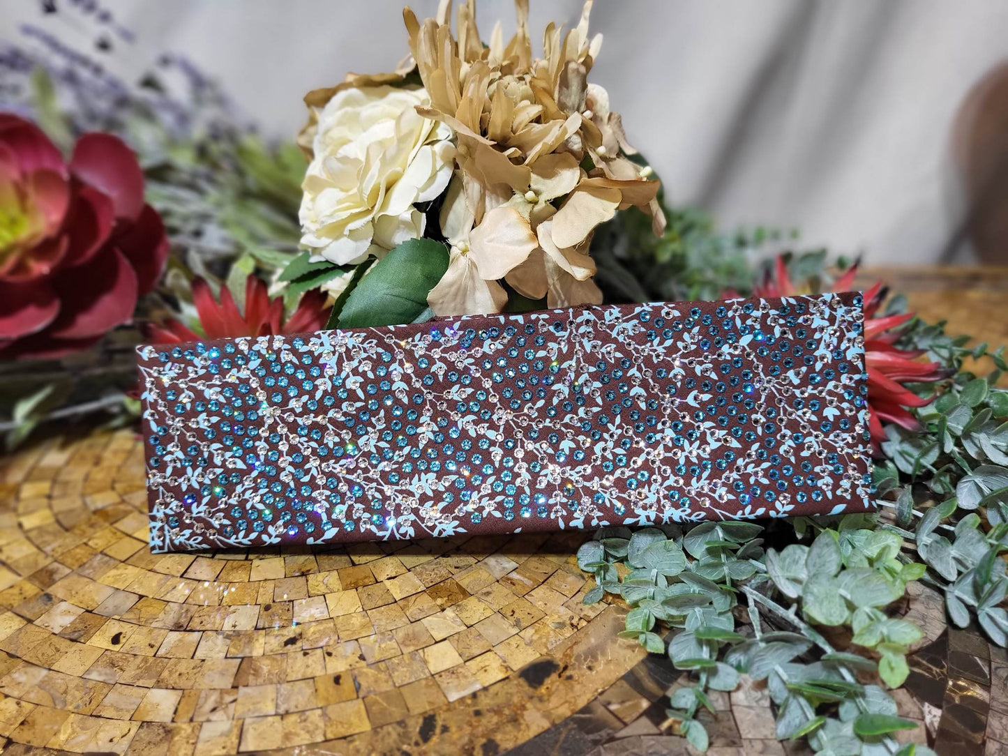 Super LeeAnnette Brown & Baby Blue Leaf Pattern Bandana with Light Blue & Diamond Clear Austrian Crystals (sku4267)