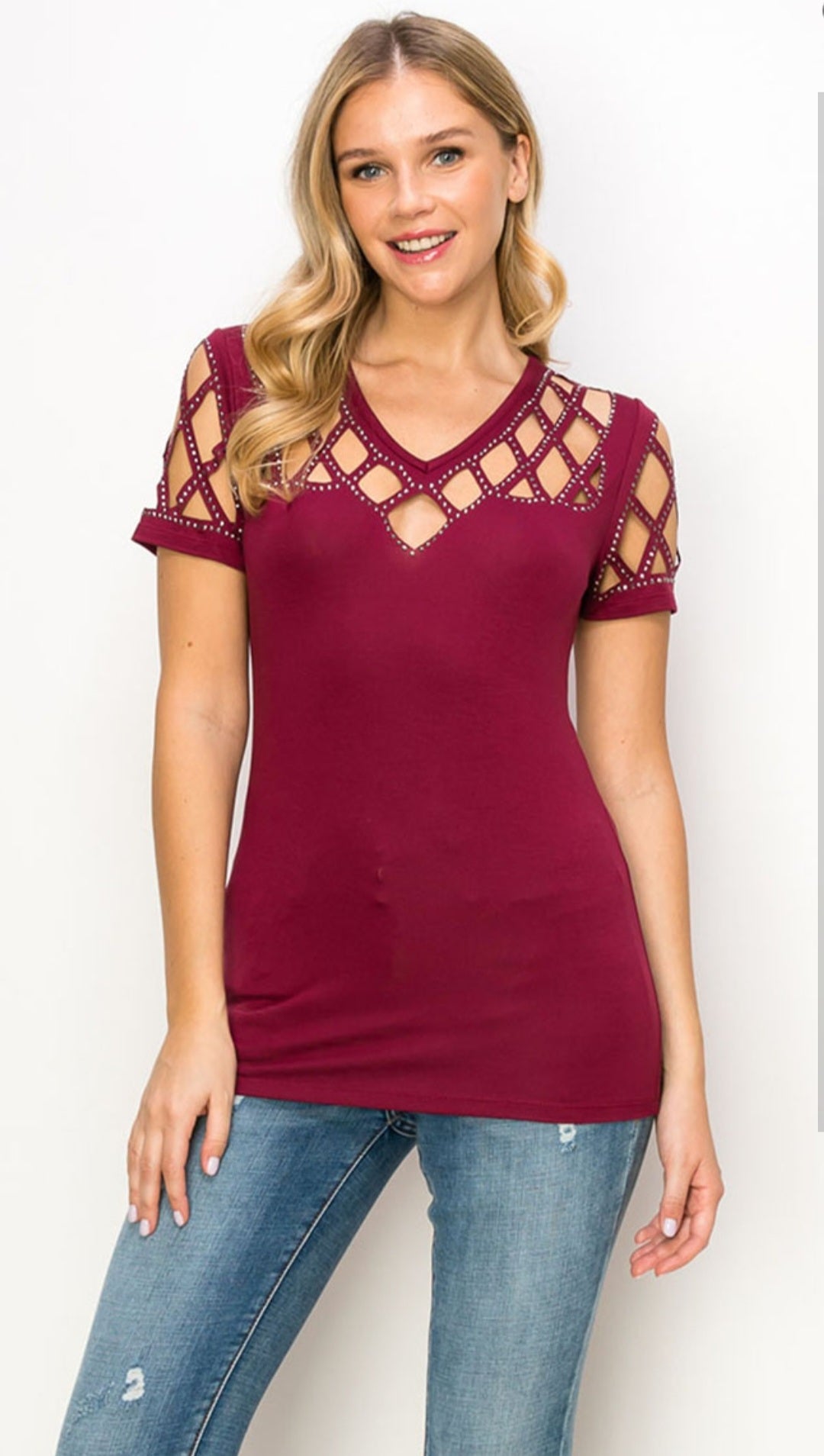 Burgundy Laser Cut Short Sleeve with Rhinestones (sku 18632S-B)