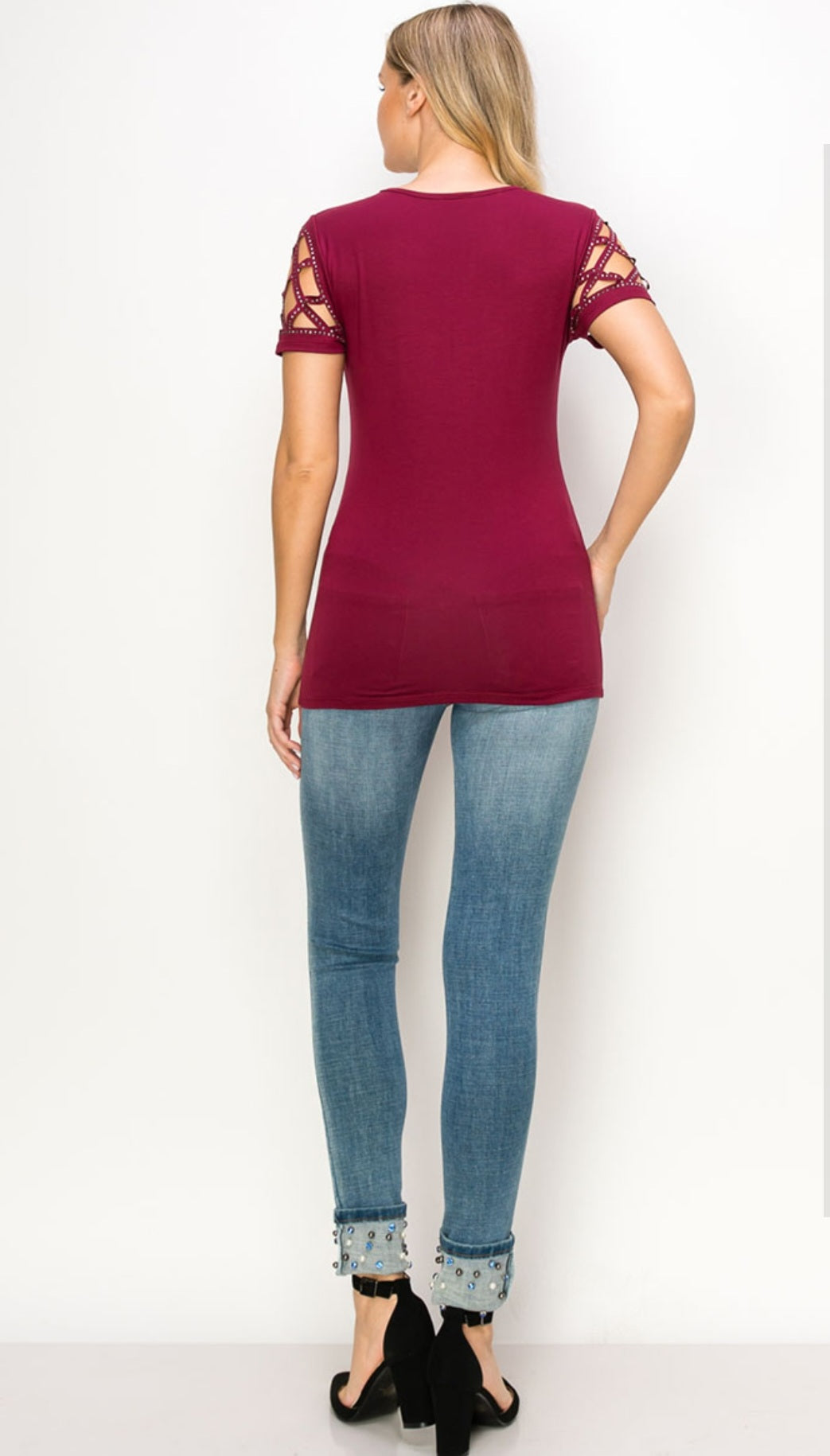 Burgundy Laser Cut Short Sleeve with Rhinestones (sku 18632S-B)