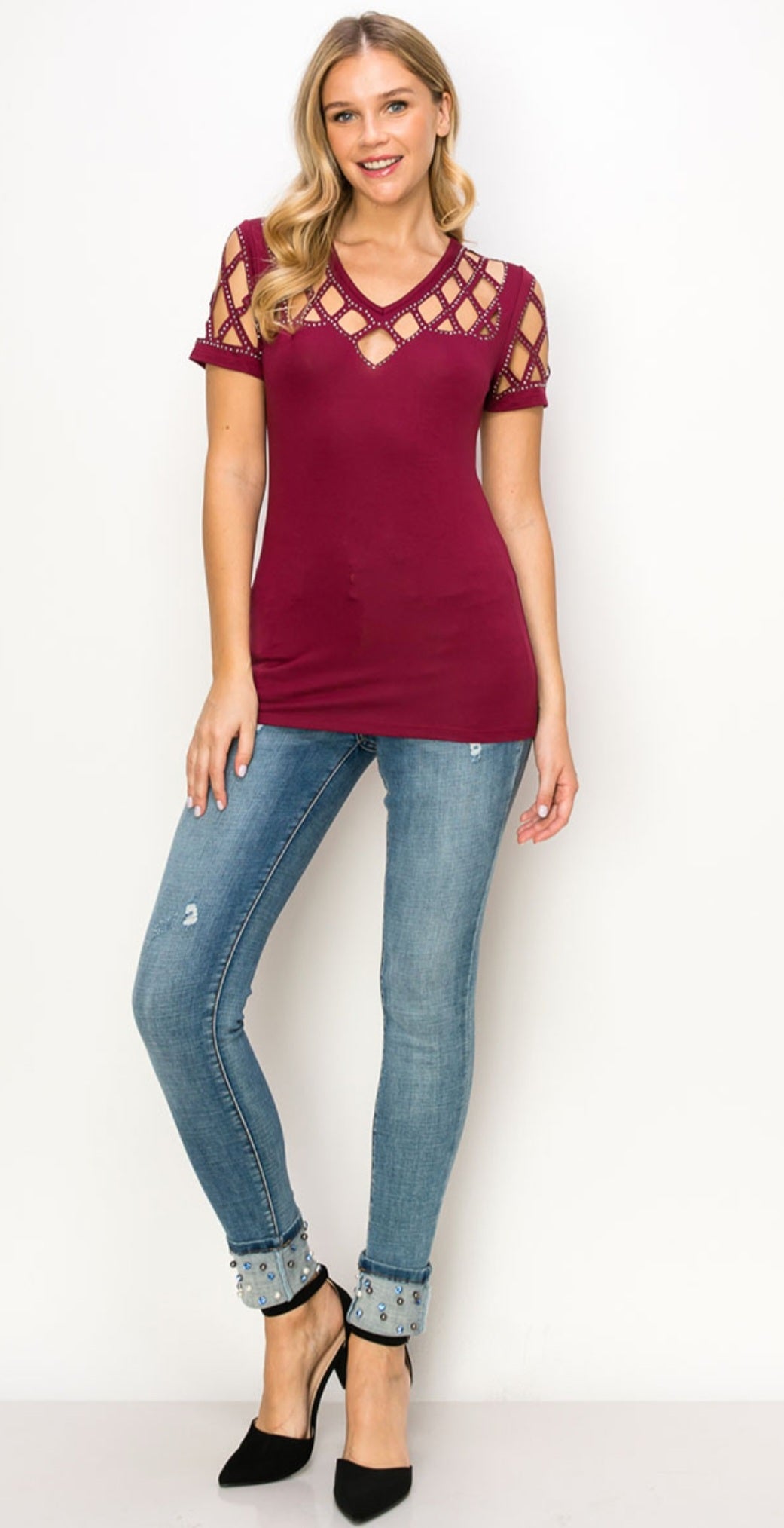 Burgundy Laser Cut Short Sleeve with Rhinestones (sku 18632S-B)