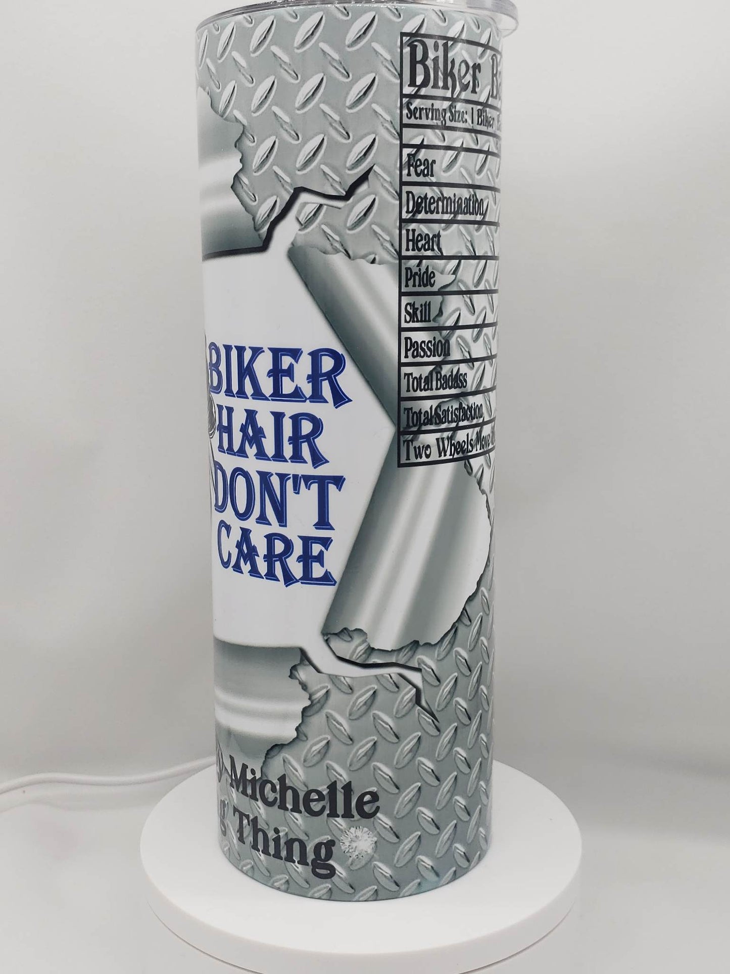 Biker Hair Don't Care Skinny Tumbler
