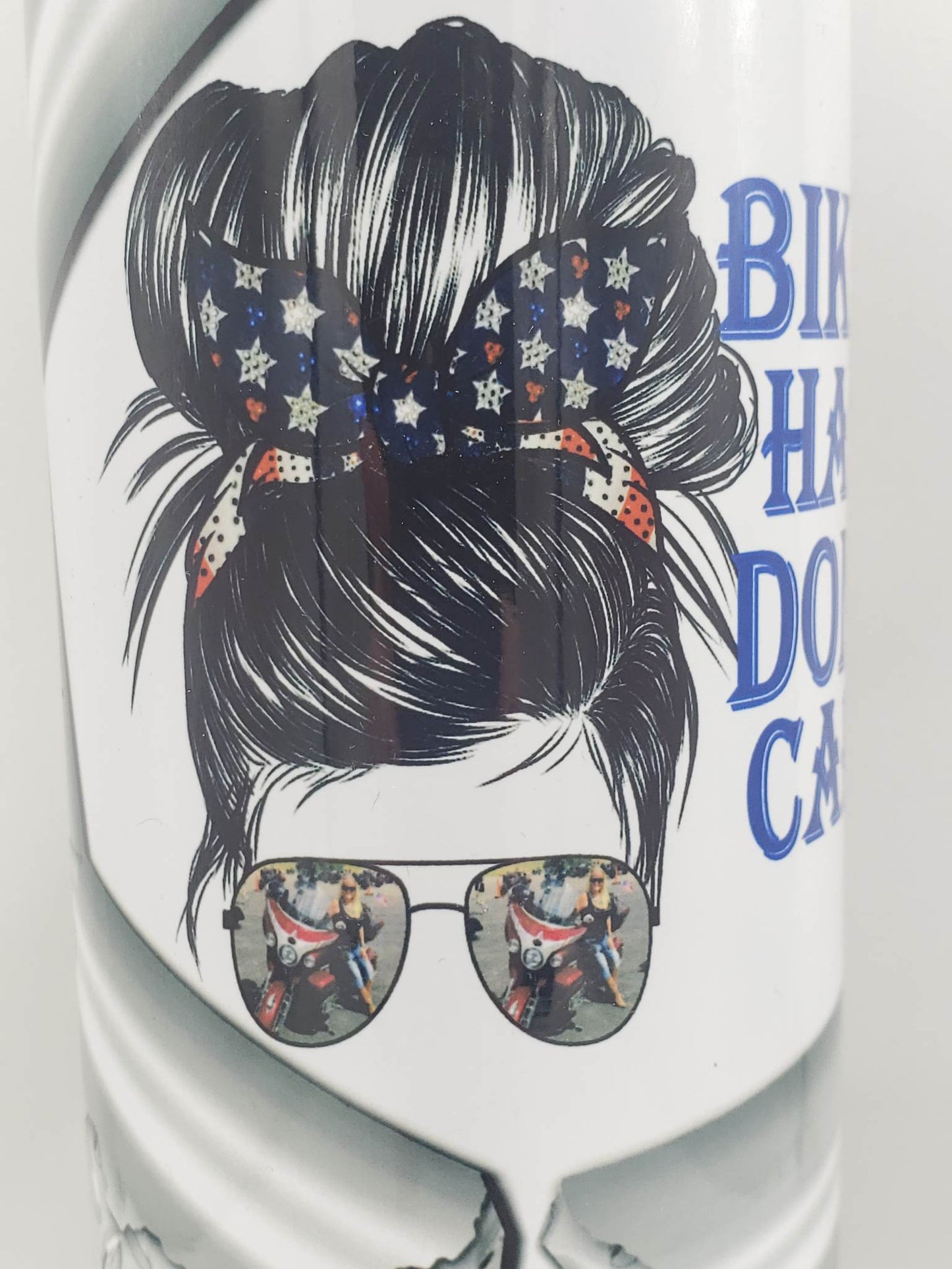 Biker Hair Don't Care Skinny Tumbler
