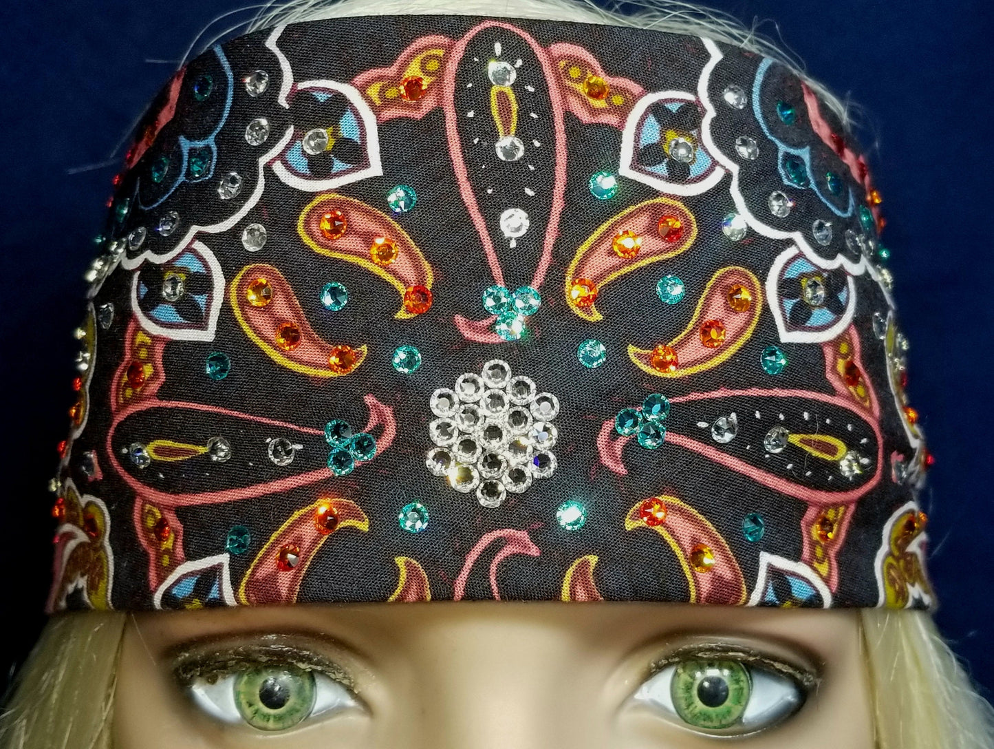 Black and Coral Indian Bandana with Turquoise, Orange and Diamond Clear Austrian Crystals (Sku1413)