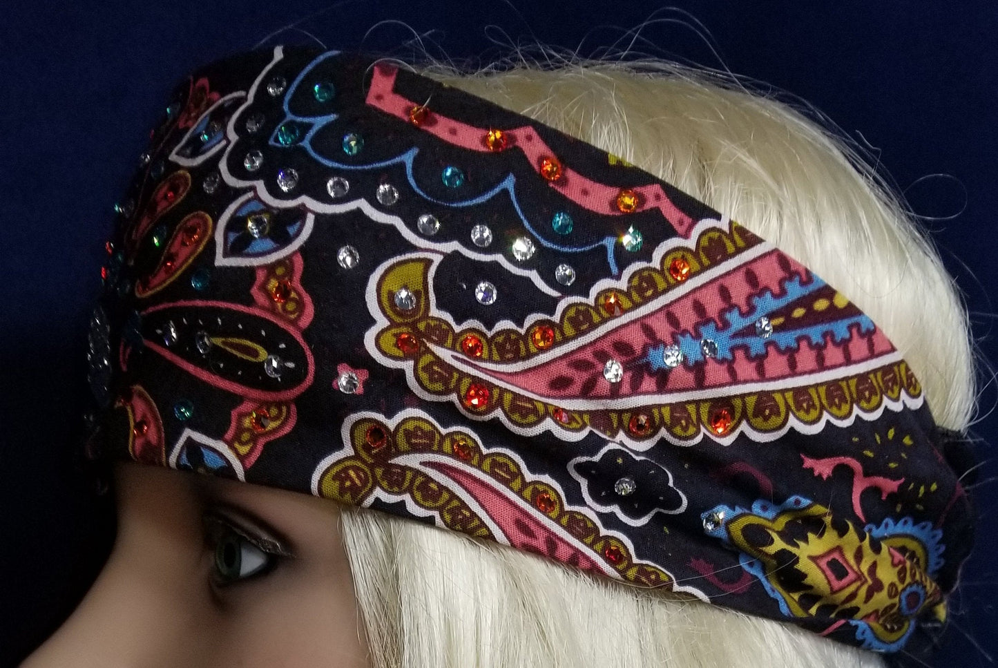 Black and Coral Indian Bandana with Turquoise, Orange and Diamond Clear Austrian Crystals (Sku1413)