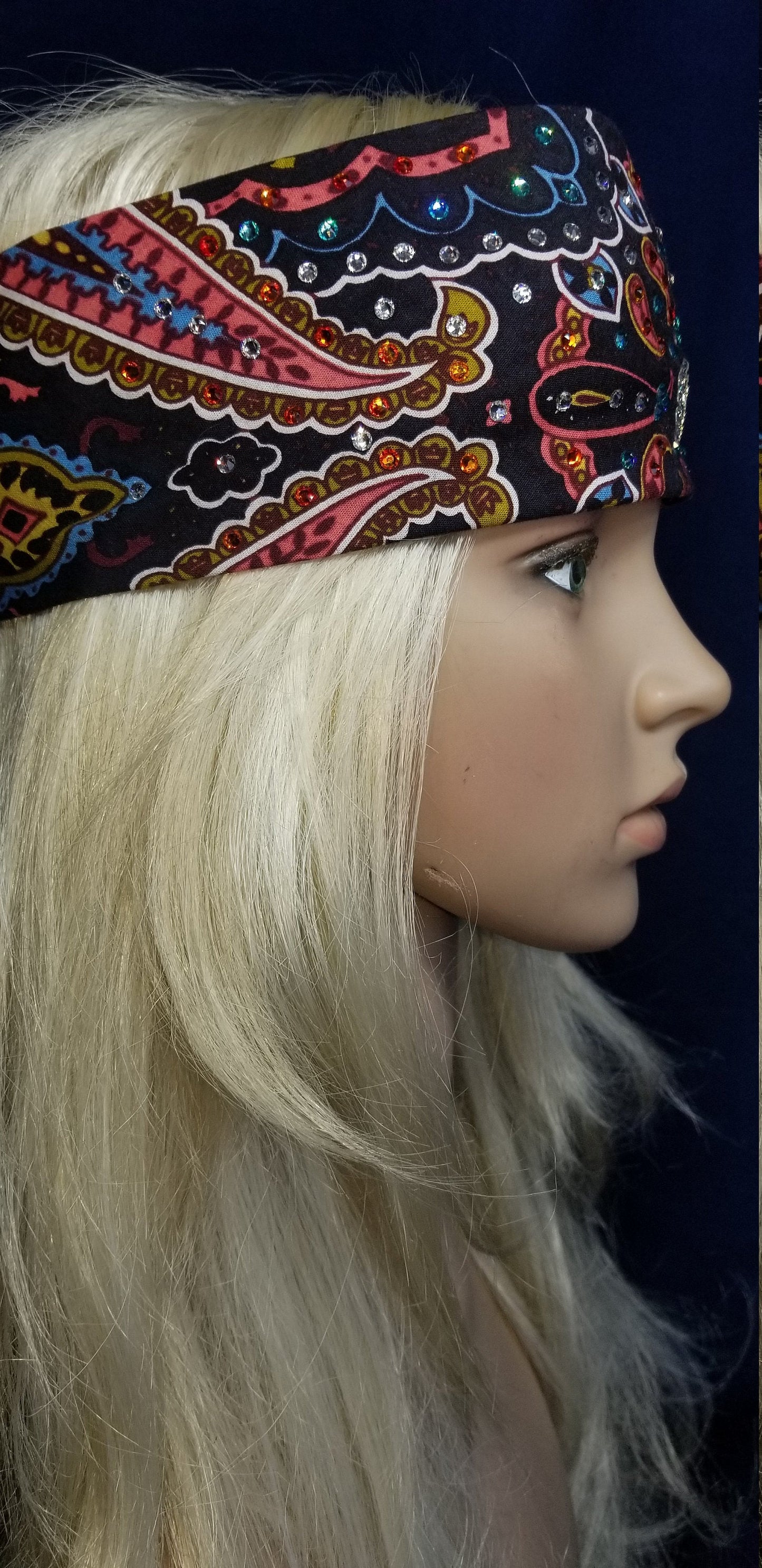 Black and Coral Indian Bandana with Turquoise, Orange and Diamond Clear Austrian Crystals (Sku1413)