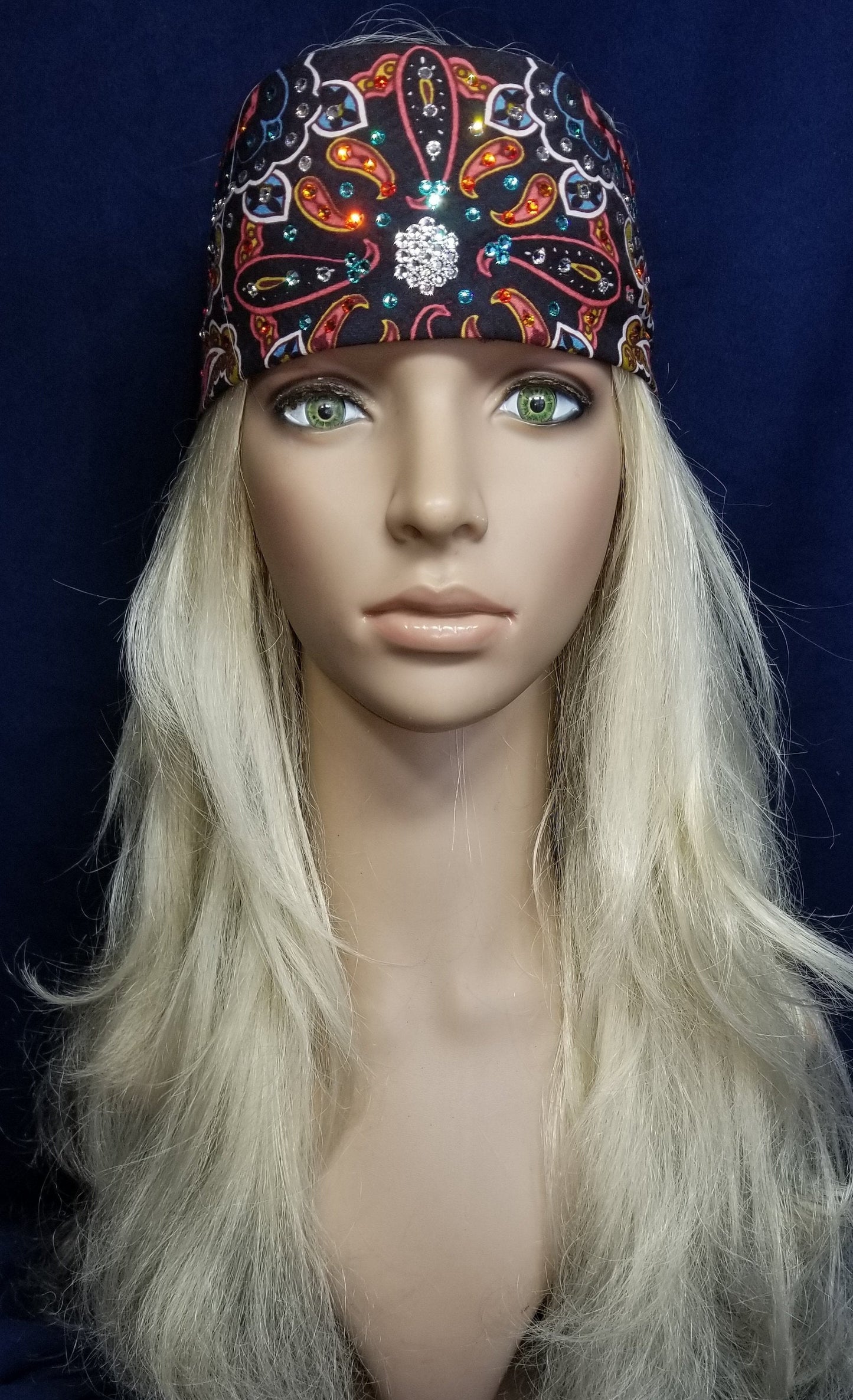 Black and Coral Indian Bandana with Turquoise, Orange and Diamond Clear Austrian Crystals (Sku1413)