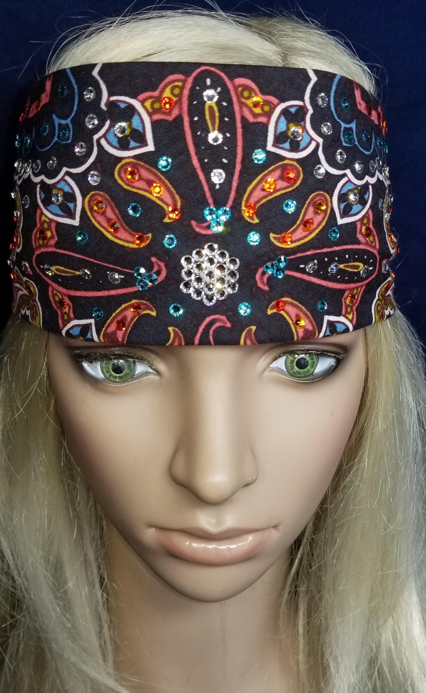Black and Coral Indian Bandana with Turquoise, Orange and Diamond Clear Austrian Crystals (Sku1413)