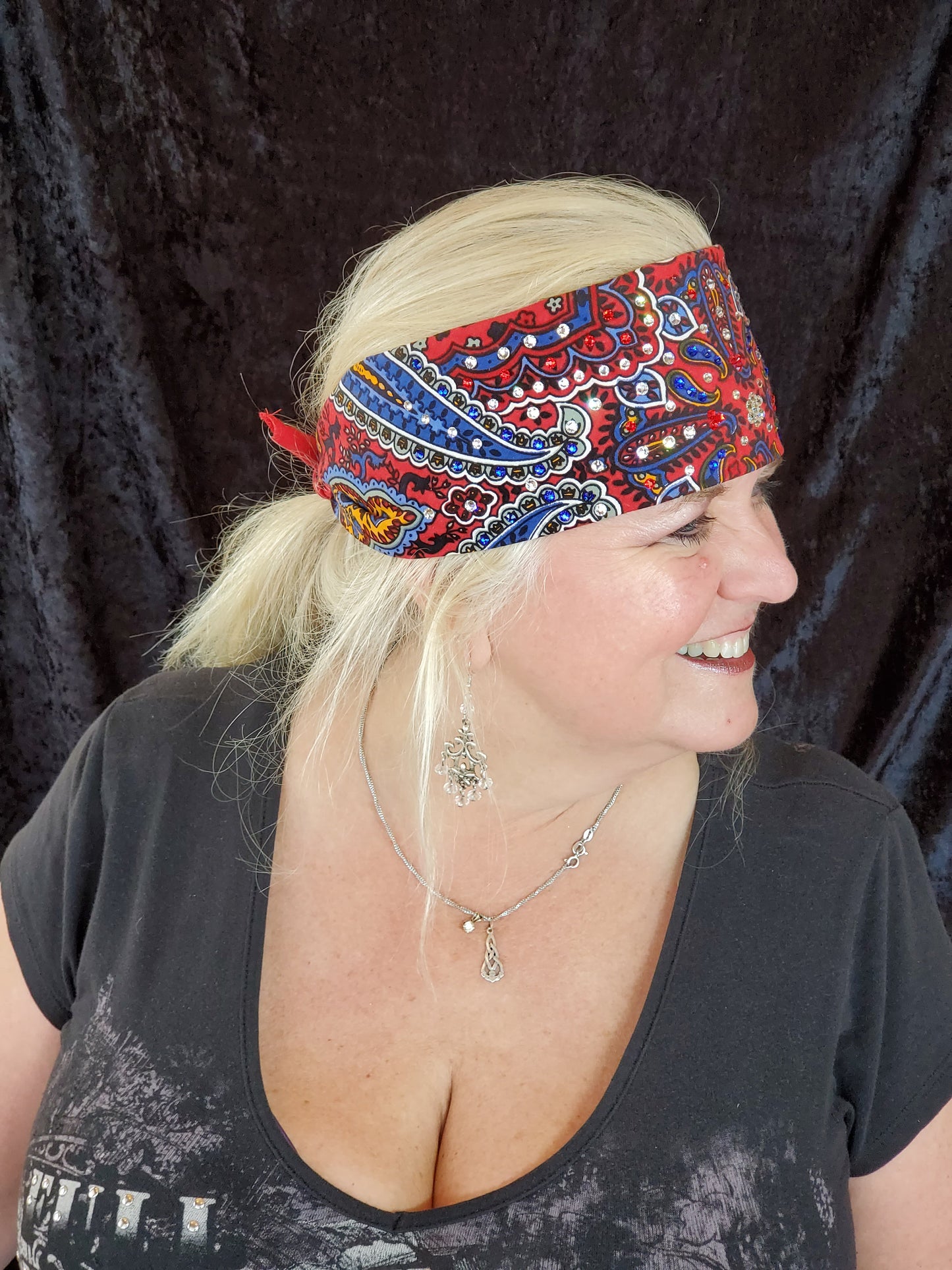 Red Indian Bandana with Clear, Blue and Red Crystals (Sku1200)