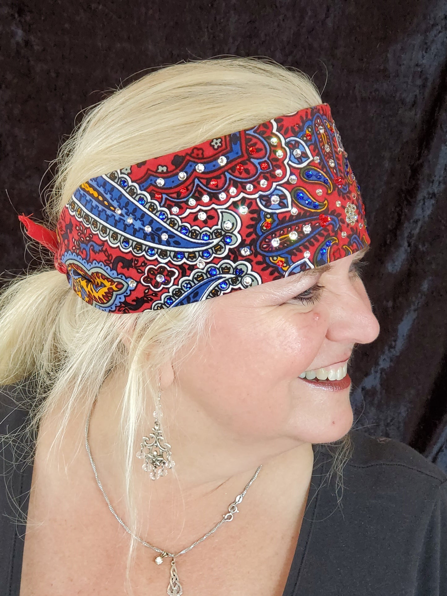 Red Indian Bandana with Clear, Blue and Red Crystals (Sku1200)