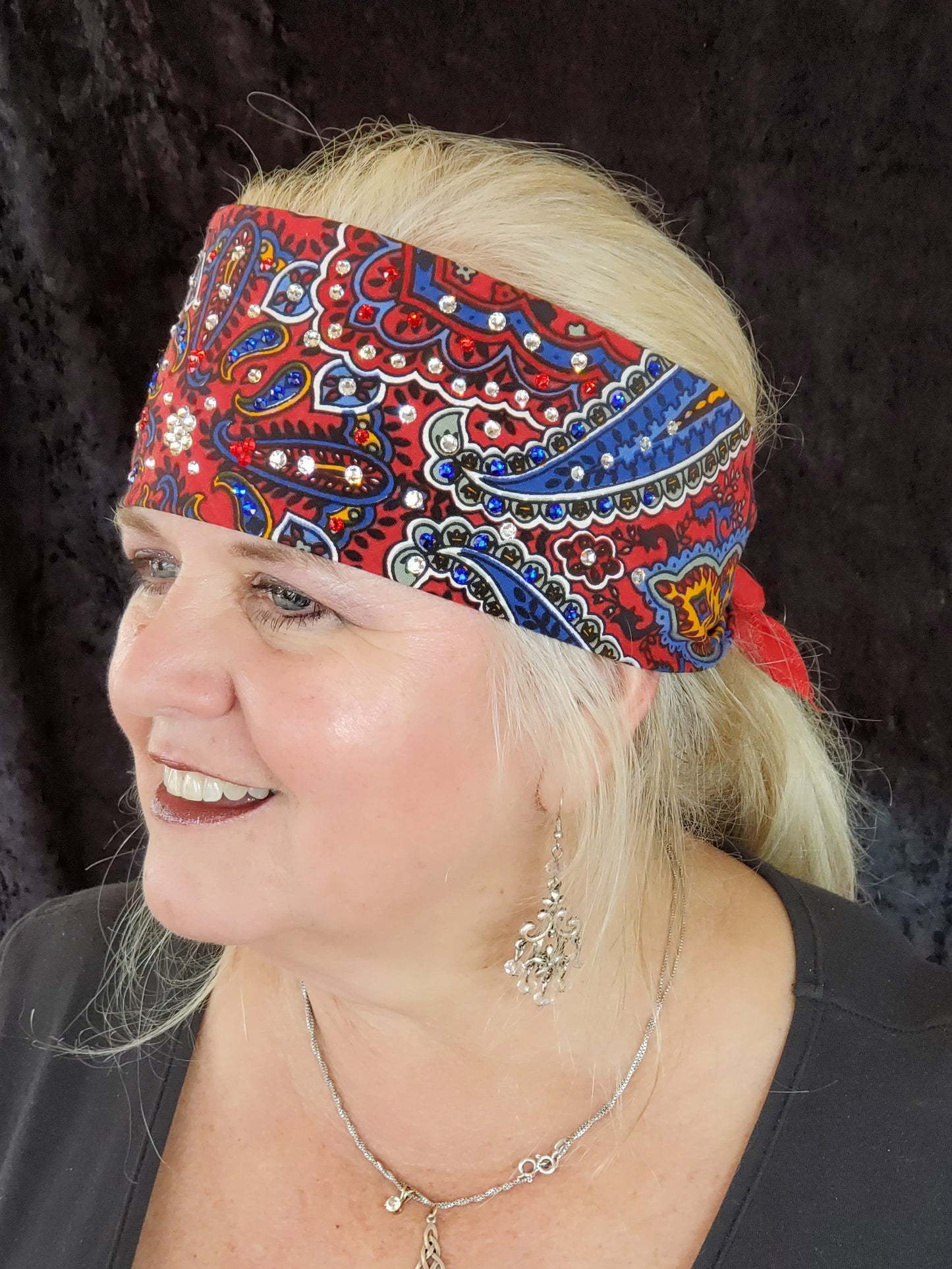 Red Indian Bandana with Clear, Blue and Red Crystals (Sku1200)
