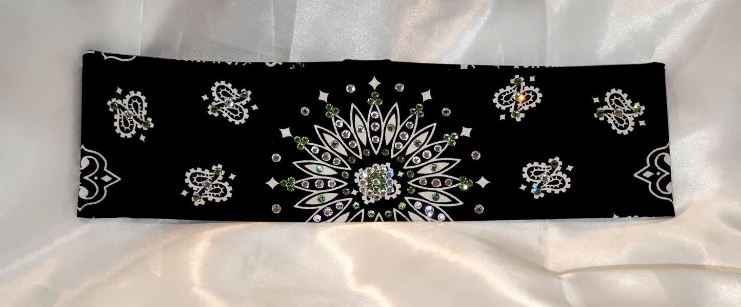 Black Paisley Bandana With Peridot and Diamond Clear Austrian Crystals (Sku1933)