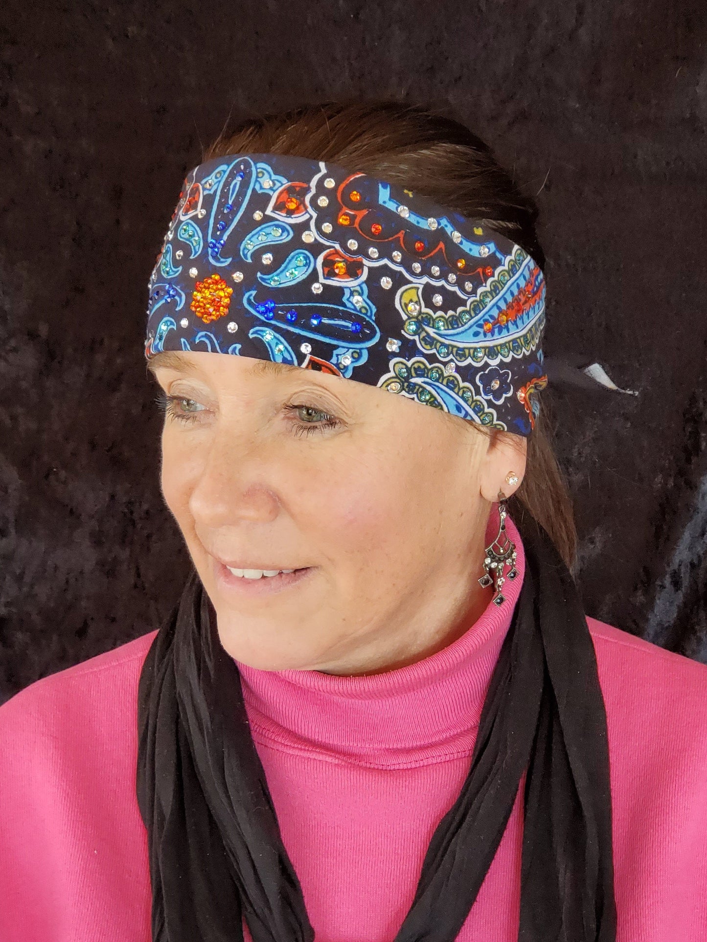 Blue Indian Design Bandana with Orange, Blue, Turquoise and Diamond Clear Austrian Crystals (Sku1404)