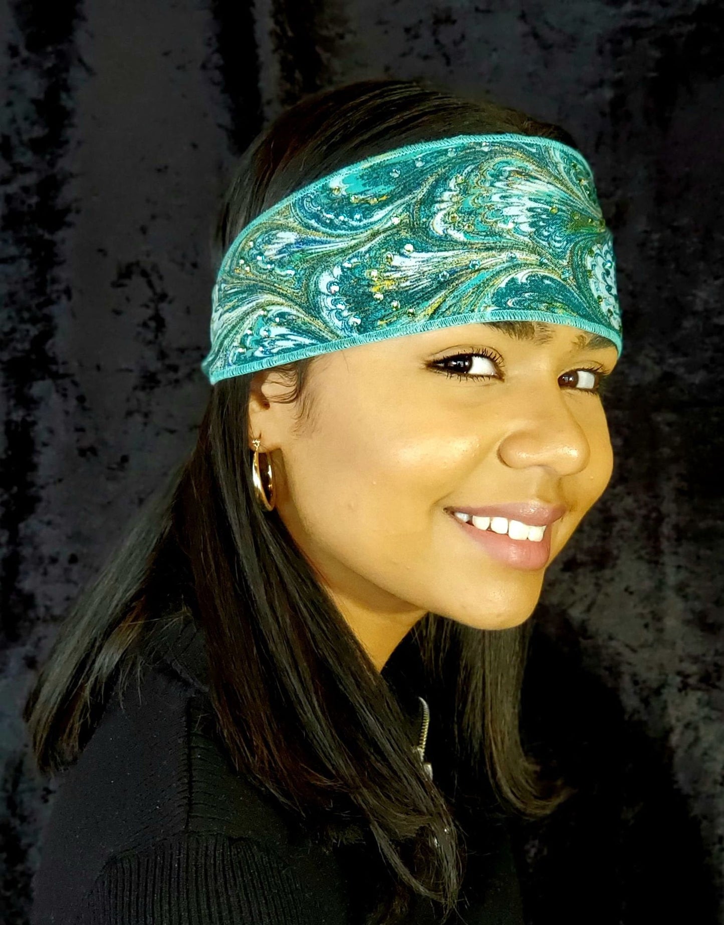 Turquoise Oil Slick Headband Strip with Light Blue and Light Green Swarovski Crystals (Sku5557)