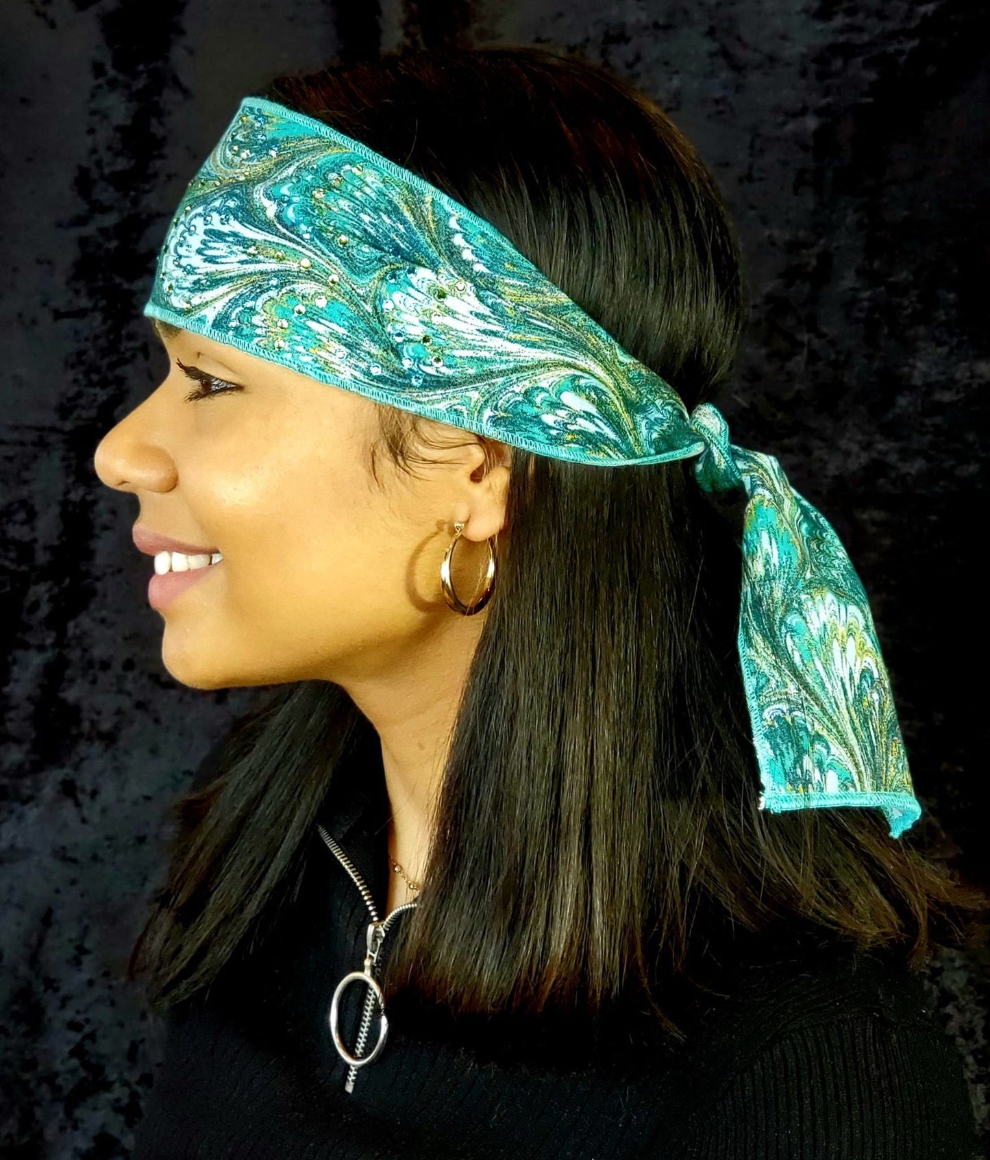 Turquoise Oil Slick Headband Strip with Light Blue and Light Green Swarovski Crystals (Sku5557)