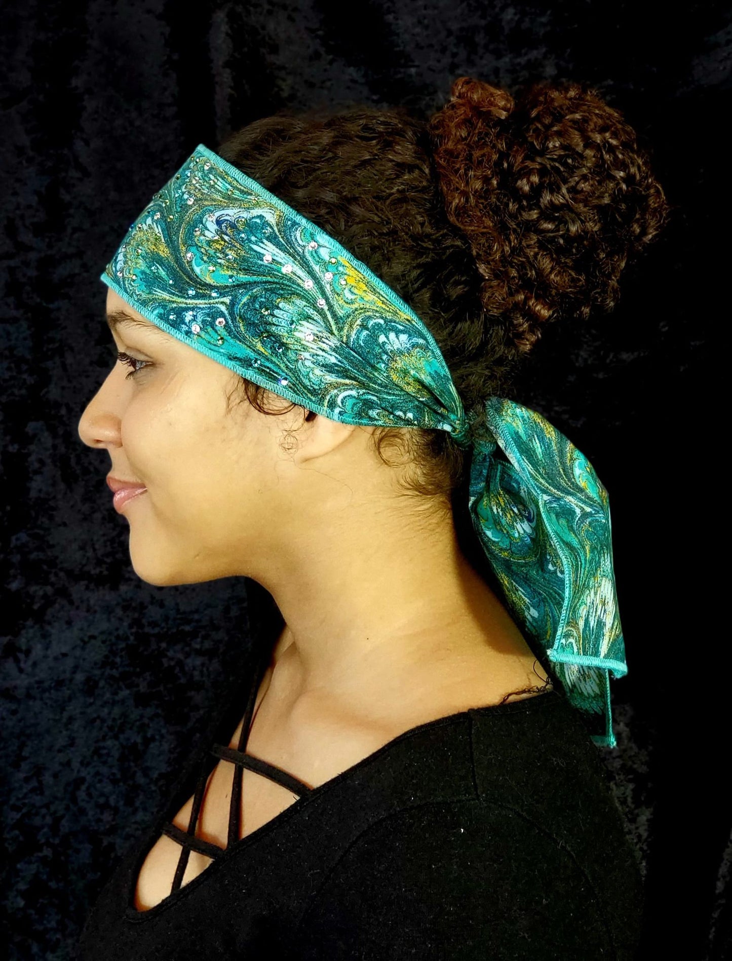 Turquoise Oil Slick Headband Strip with Light Blue, Diamond Clear and Light Green Austrian Crystals (Sku5558)