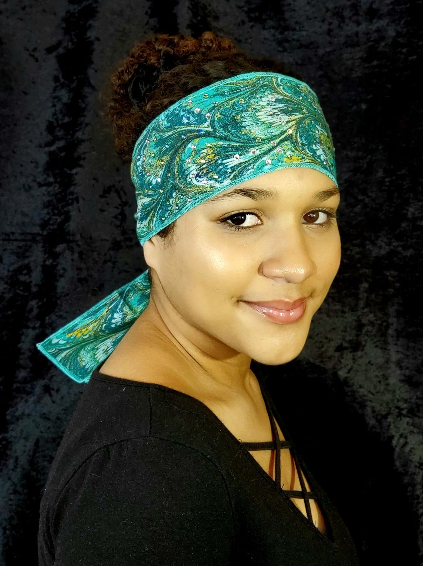 Turquoise Oil Slick Headband Strip with Light Blue, Diamond Clear and Light Green Austrian Crystals (Sku5558)